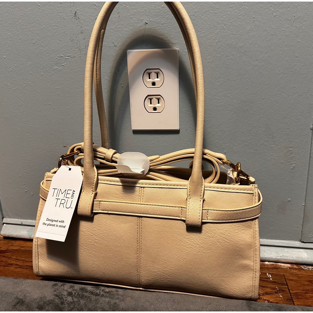 Time and Tru Cream Faux Leather Satchel Crossbody Handbag Gold Hardware NEW